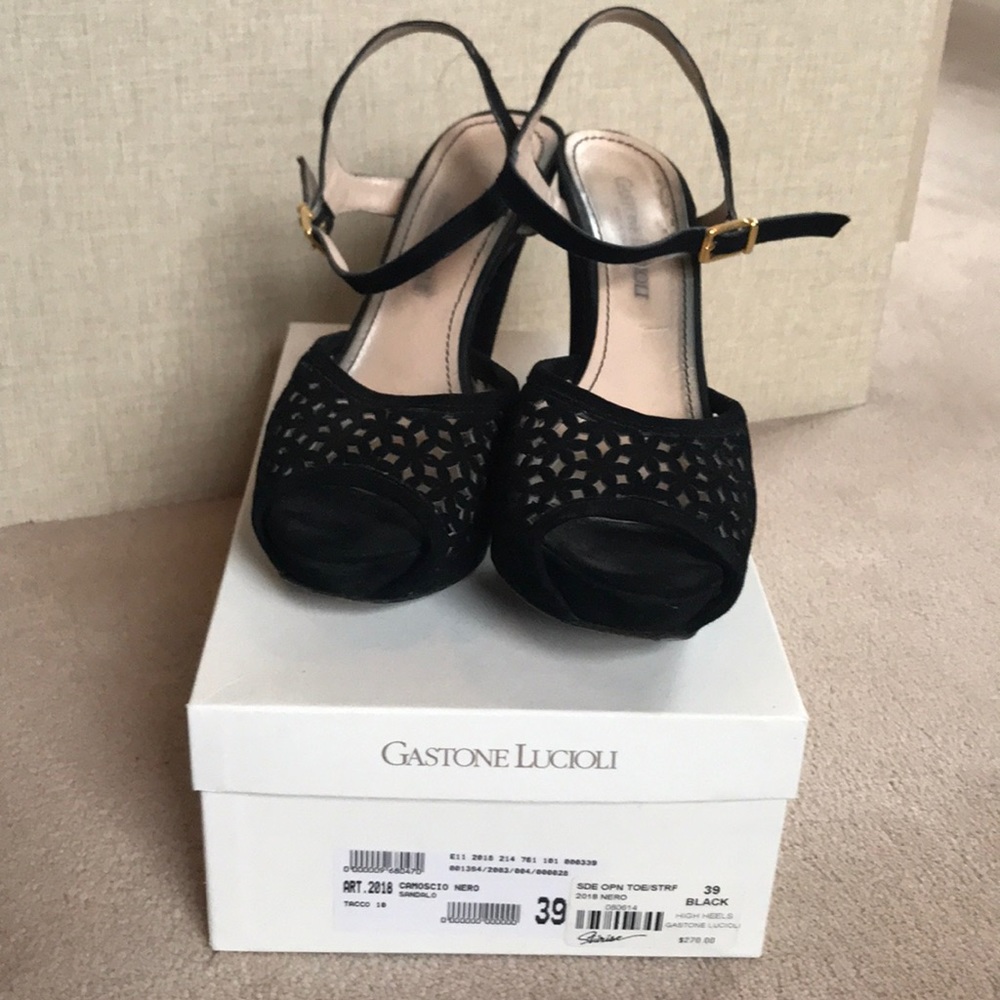 Black Suede Mesh Open Toe Platform Heels - image 2